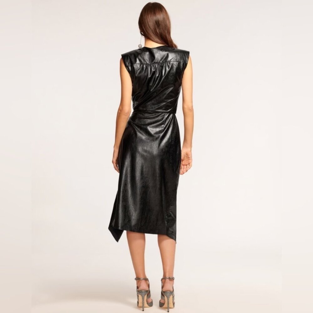 Ramy Brook Leah Black Faux Leather Wrap Midi Dress - Picture 3 of 9